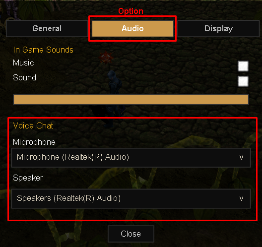 Options Audio tab with Voice Chat microphone and speaker settings